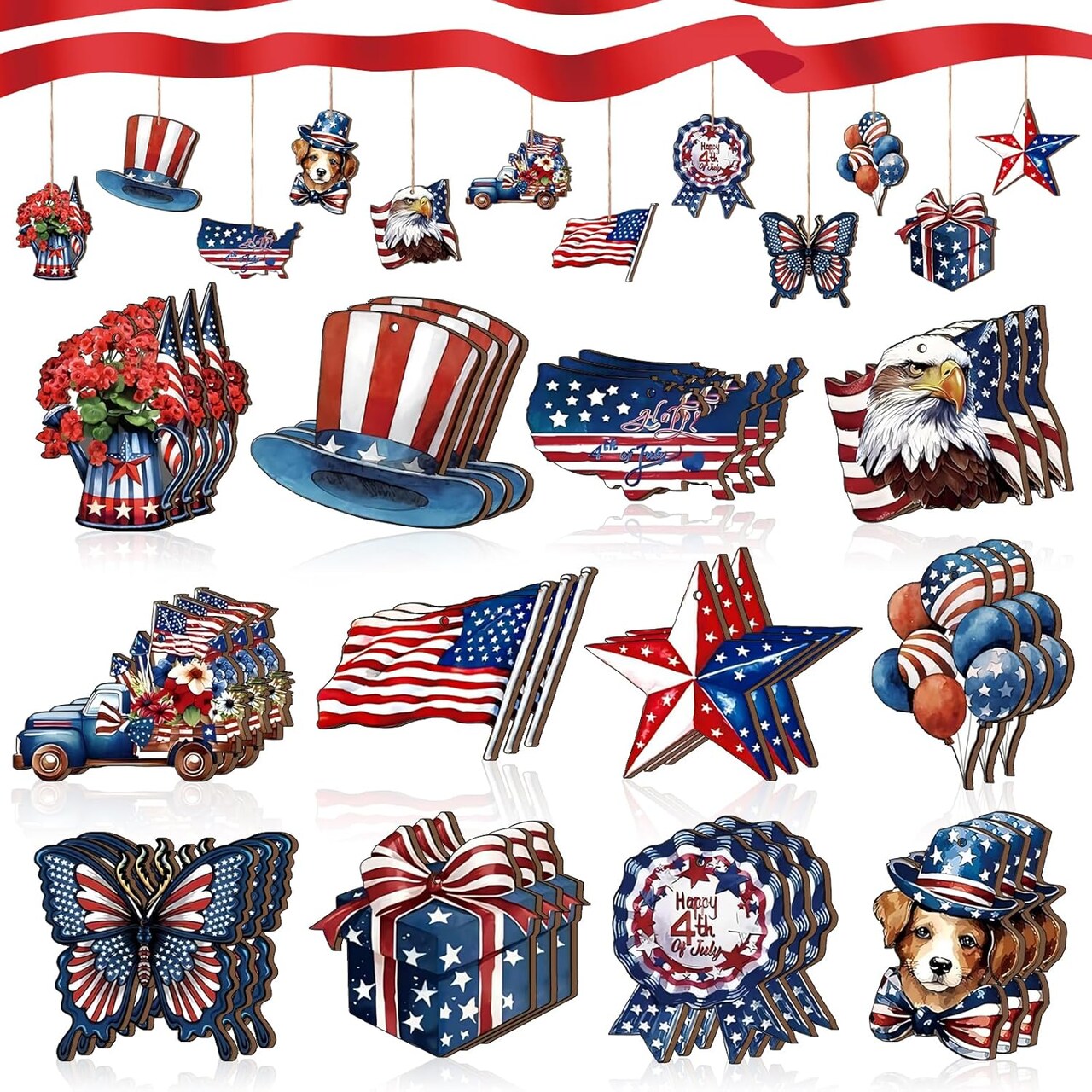 36 Pcs 4th of July Wooden Ornaments,Memorial Day Red White Blue Christmas Tree Decorations American Flag Bald Eagle Star Badge Hanging Ornaments for Independence Day Party